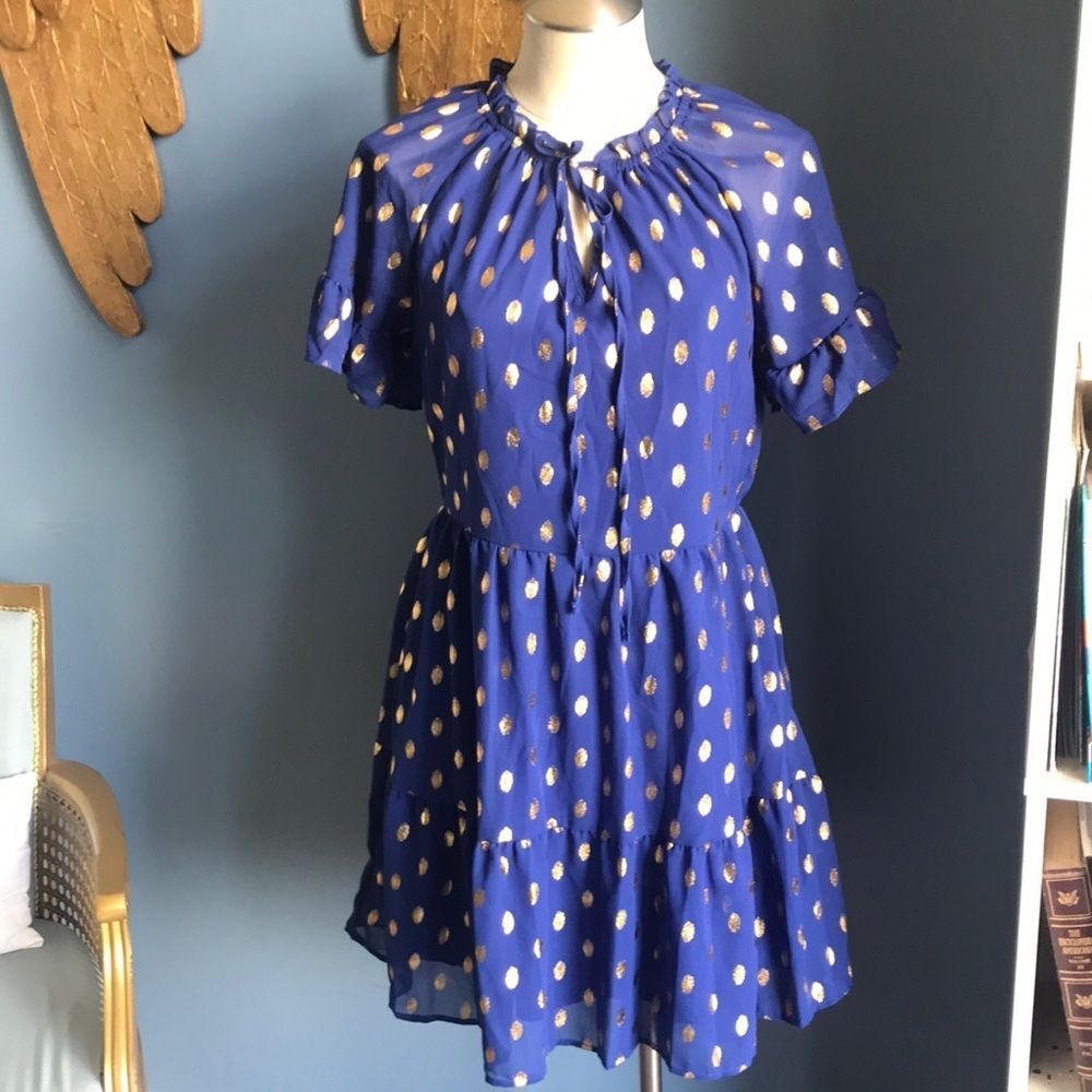 NWT Kirundo, royal blue & gold chiffon V neck short sleeves summer dress size S